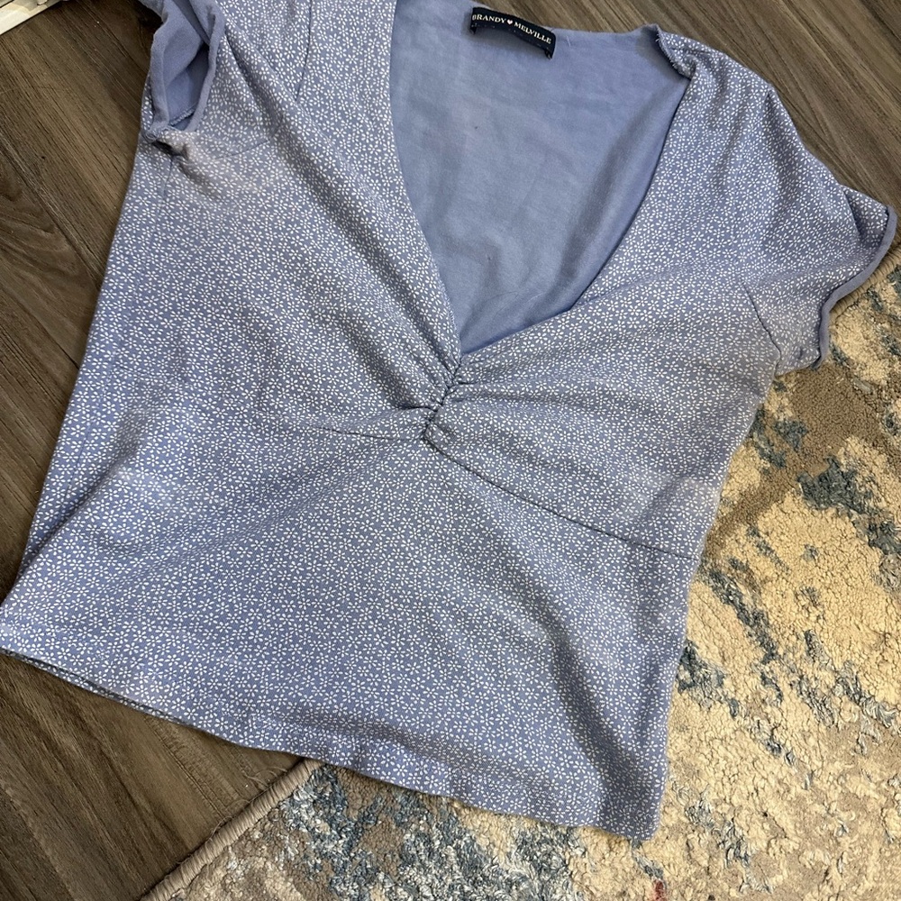 Brandy Melville Blue Floral V-Neck Blouse